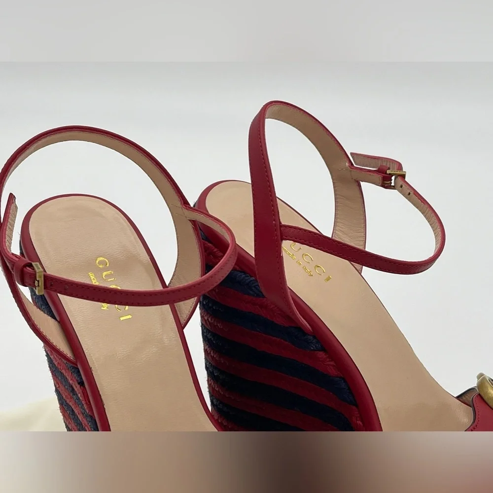 Authentic GUCCI Marmont Double G Leather Espadrille Platform Sandals